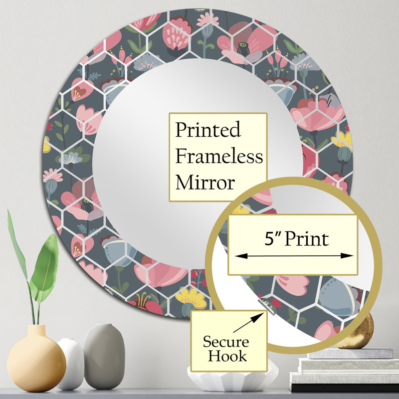 Fleurs roses, feuilles, branches et baies - miroir mural moderne, 24 po x 24 po