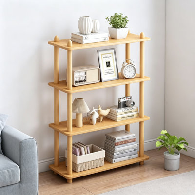 4-Tier Wooden Shelf Bookcase, Modern Open Bookshelf, Free Standing Display Rack with Solid Wood Frame and Thick MDF Shelves, Multifunctional Storage for Home and Office, Oak Rectangle