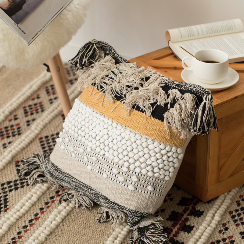Housse de coussin décoratif bohème, coussins décoratifs rustiques marocains bohémiens avec accents touffetés, coton tissé à la main moelleux, décor de maison de campagne scandinave tissé neutre texturé, (noir)