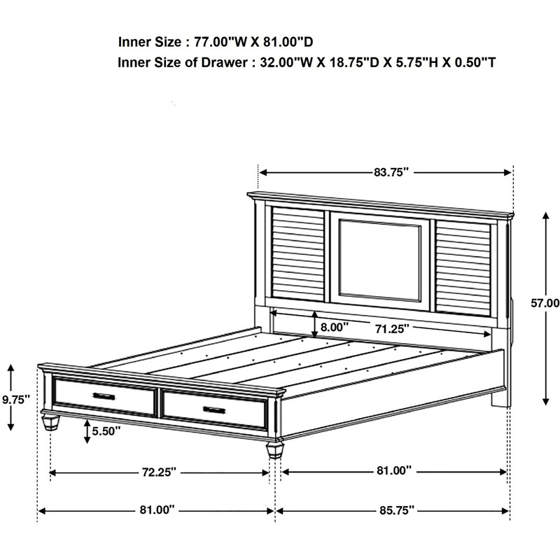 Très grand lit oriental blanc vieilli avec 2 tiroirs, glissières à fermeture douce et style inspiré de la mission pour le rangement de la plateforme de chambre à coucher blanc, bois brossé, glissières de tiroir