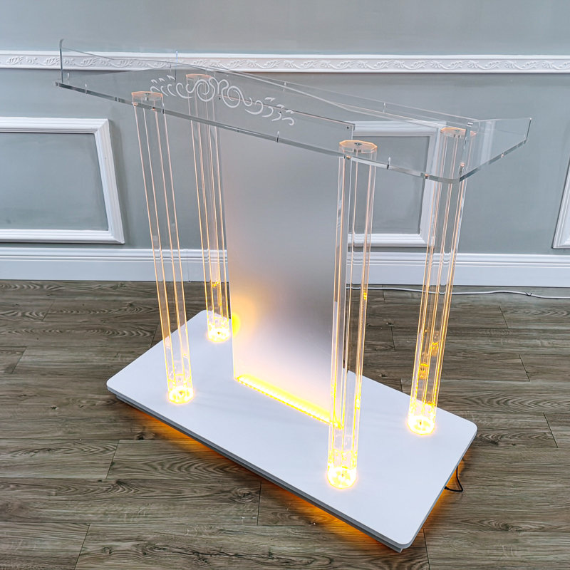 45.7" Tall Clear Acrylic and MDF LED Lighted Church Pulpit with Casters
