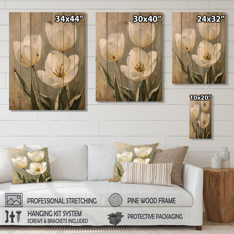 Danse de sérénité blanche - Art mural en bois de tulipes - sur bois de pin naturel, H 44 po x l 34 po x P 0,78 po