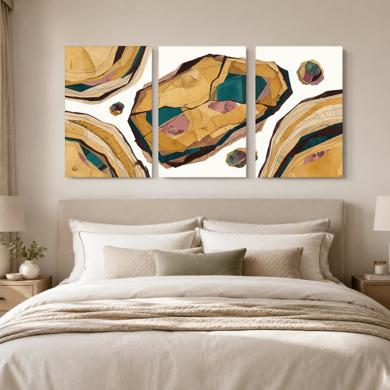 «Abstract Geode Rock Shapes in Teal and Pink Collage», ensemble de 3 toiles murales, H 24 po x l 16 po x 3 pièces