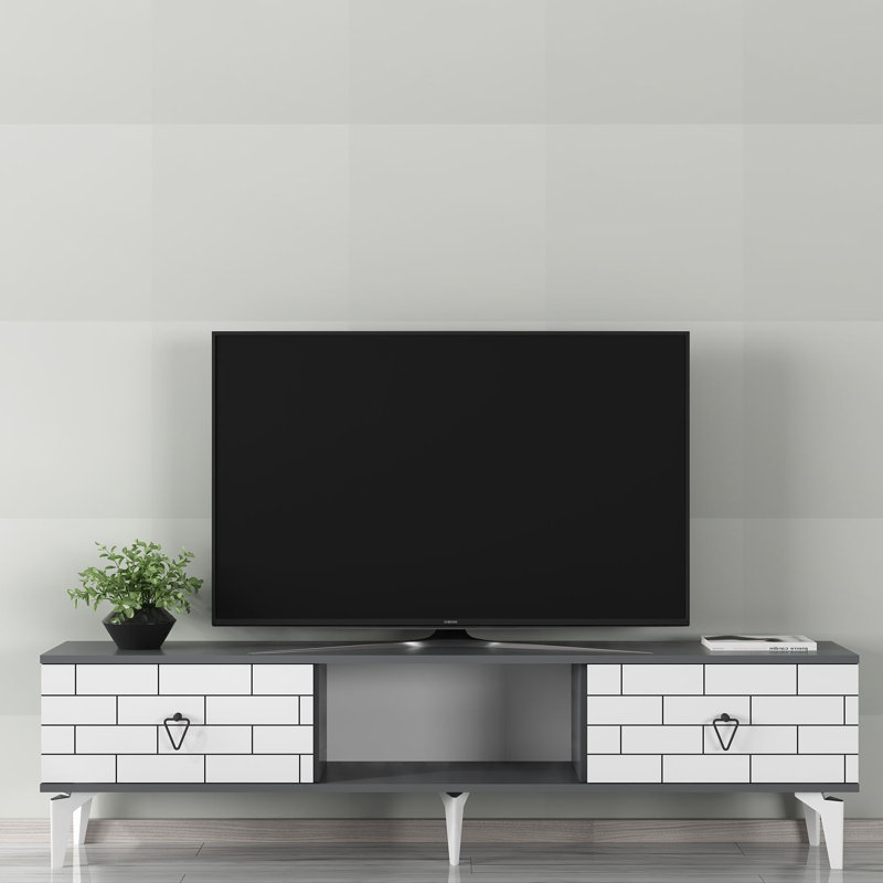 Meuble télé Catena avec option de fixation murale, anthracite et blanc, 59,1 po x 17,6 po x 11,6 po Catena | Panneau de particules 100% enduit de mélamine | Conception géométrique élégante avec plusieurs tablettes pour une organisation élégante du salon