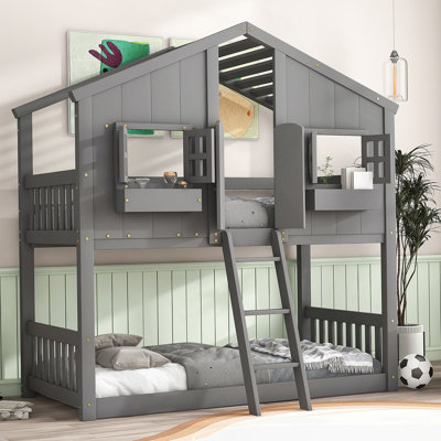 Over  House Bunk Bed With Roof Windowwindow  Boxdoor With Safety Guardrails And Ladder