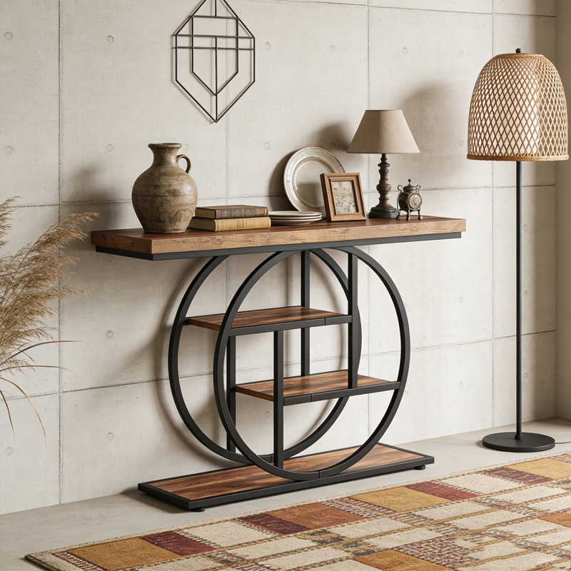 Industrial 4-Tier Sofa Entryway Table with Circle Base, Brun rustique