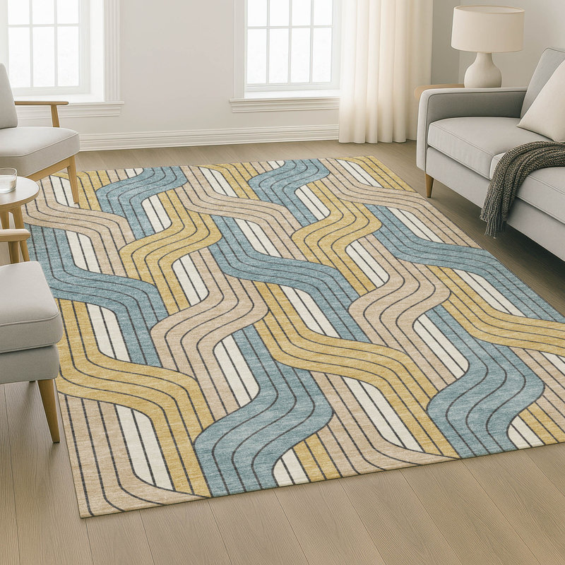 Premium Machine Washable Mayfield AMF2422 Striped Rug, Gold, 10' x 14'