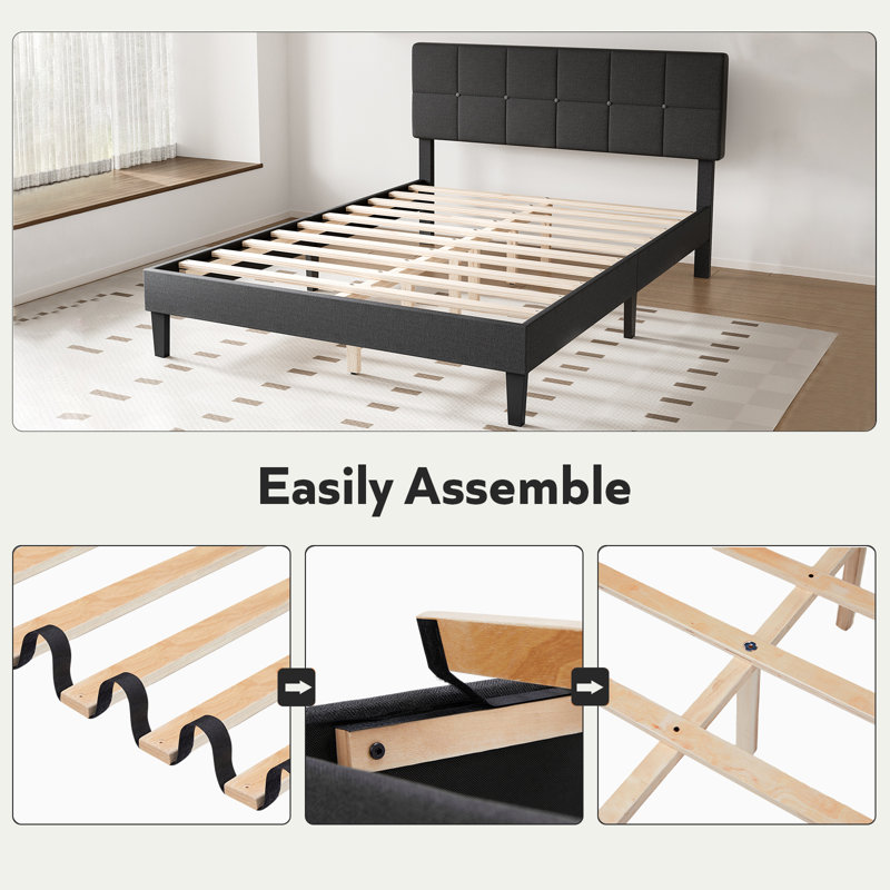 Platform Bed Frame with Upholstered Adjustable Headboard, No Box Spring Needed, Queen, Dark Grey