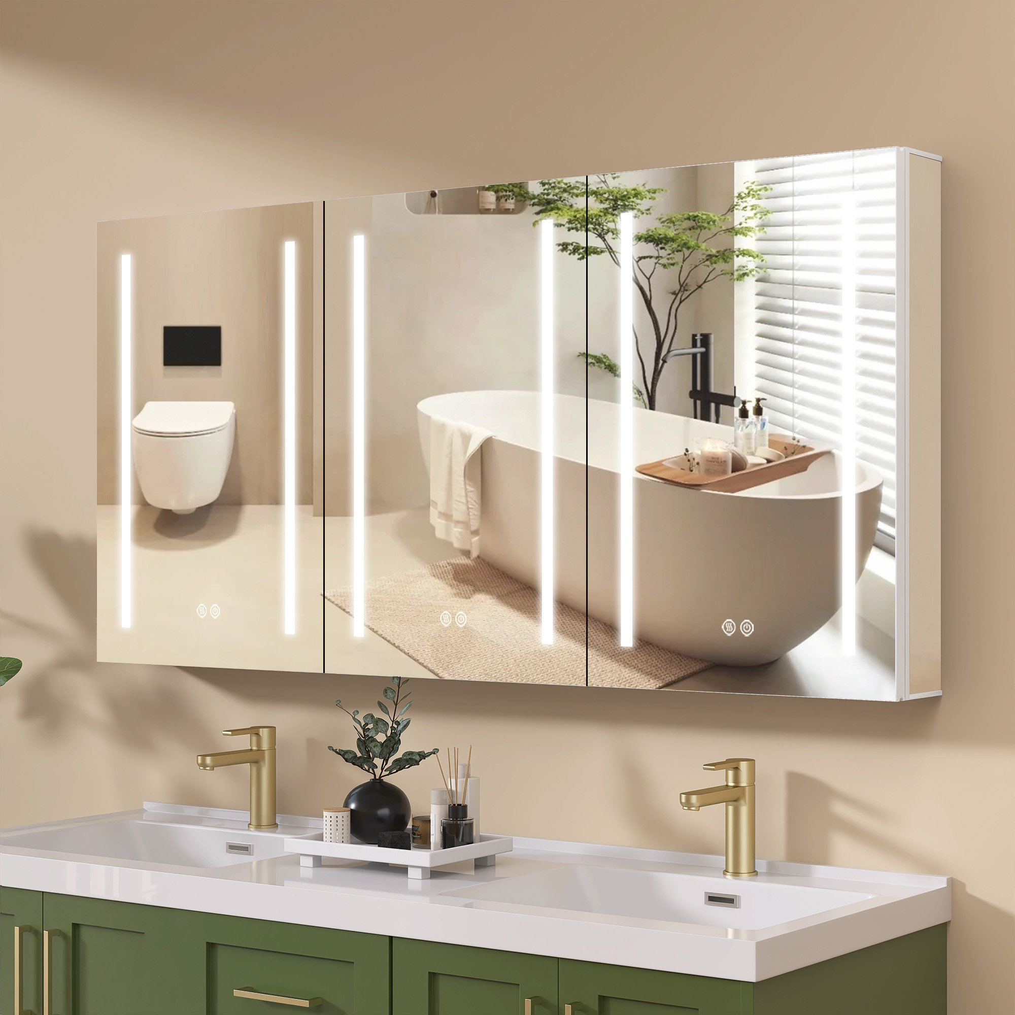 60'' W White Frameless Lighted Medicine Cabinet with Mirror \u0026 Defogger by Wrought Studio, image size:2000x2000