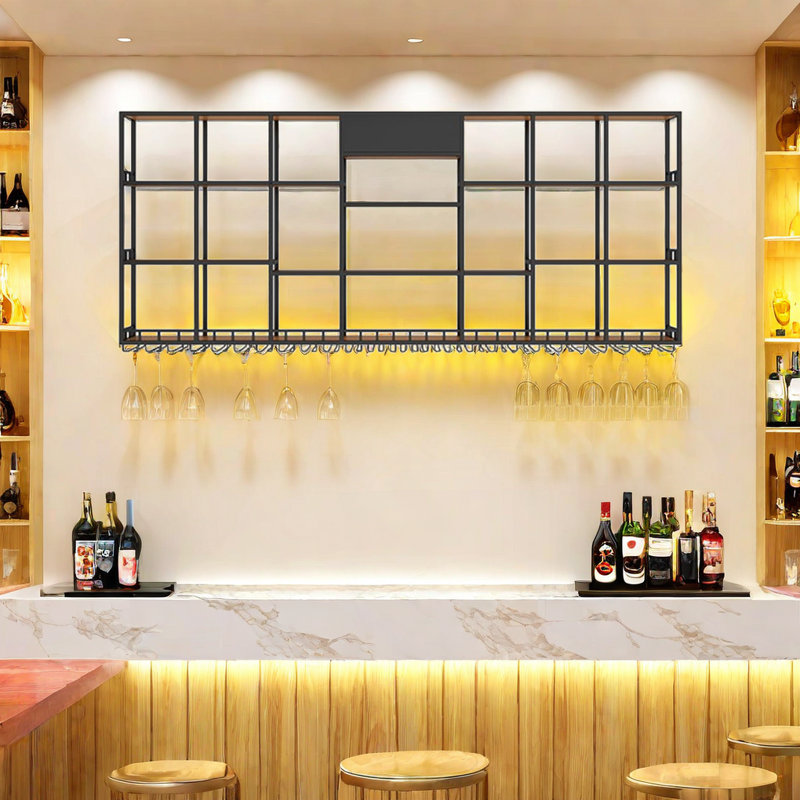 Multi-tier Iron Wall Mounted Wine Rack, Black, 47.2" H x 110.2" W x 7.8" D