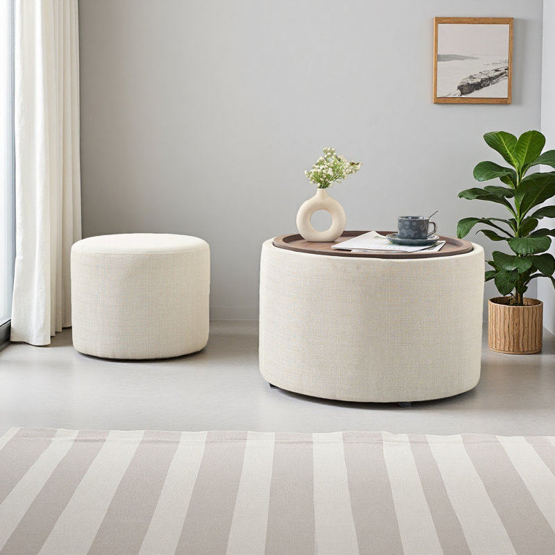 Repose-pieds gigognes avec rangement Ball & Cast, repose-pieds en lin avec plateau en bois, table basse ronde et banc, Beige