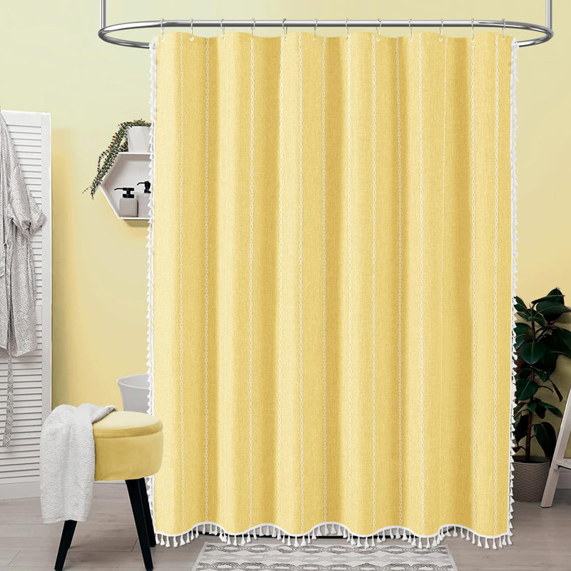 Ensemble de rideau de douche extra long avec pompons Boho Chic, Rayé jaune, H 96 po x l 72 po
