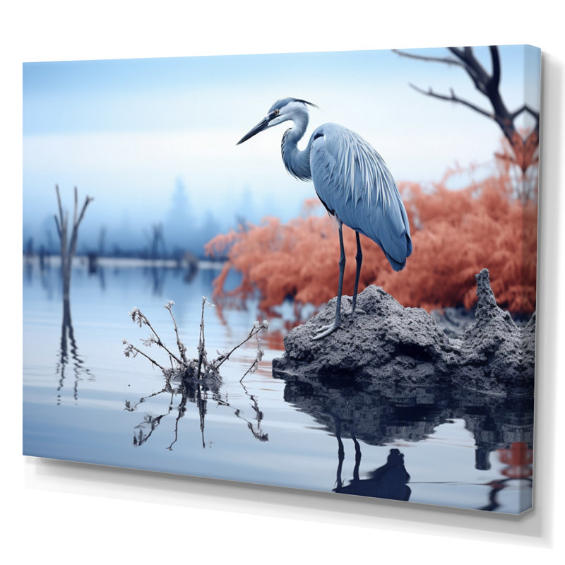 Heron Silent Waters Blue - Animals Wall Decor, Toile tendue, H 16 po x l 32 po x P 1 po