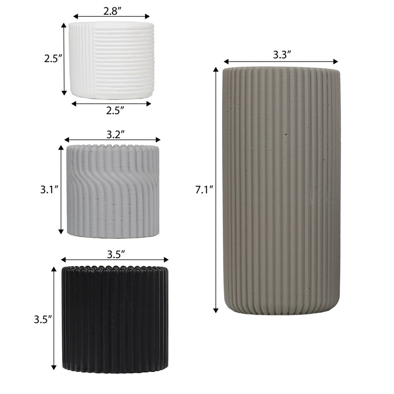 Noa Modern Minimalist Handmade Concrete Fluted Cylinder Vase Set (Set of 4), Matte Monochrome Neutral