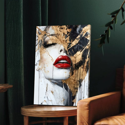 1PC, art mural, impression sur toile abstraite et moderne avec des décorations en feuille d'or et des lèvres rouges