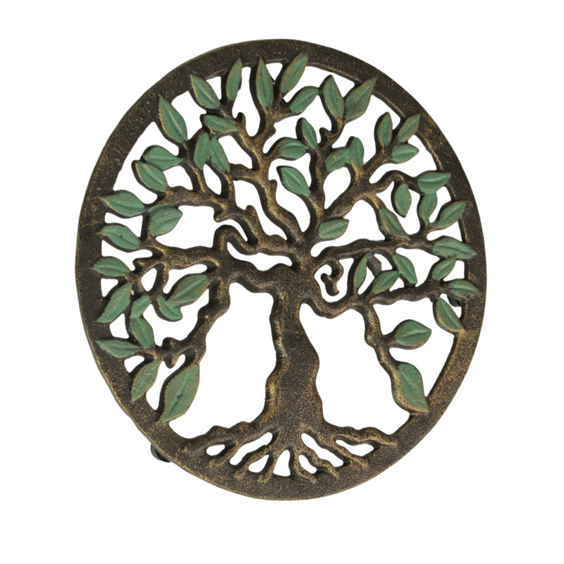 Sous-plat en fonte Tree of Life avec finition or antique et vert-de-gris, diamètre de 7,75 pouces