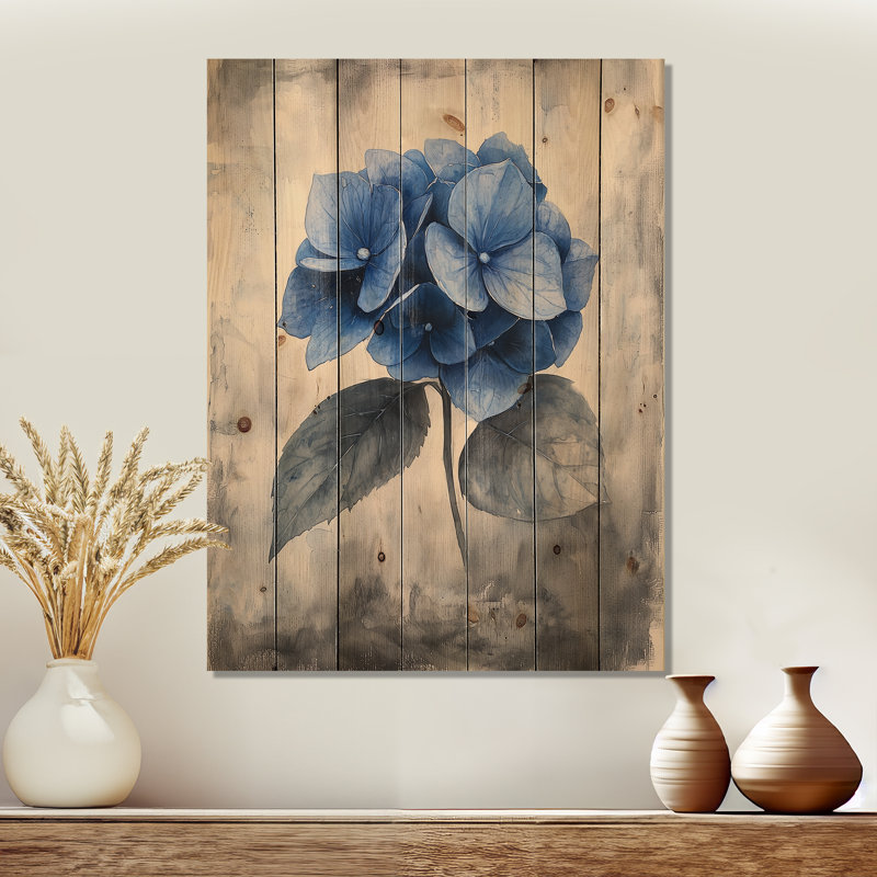 Rétro hortensia en champ monochrome I - art mural bois d'hortensia - sur bois de pin naturel, H 44 po x l 34 po x P 0,78 po
