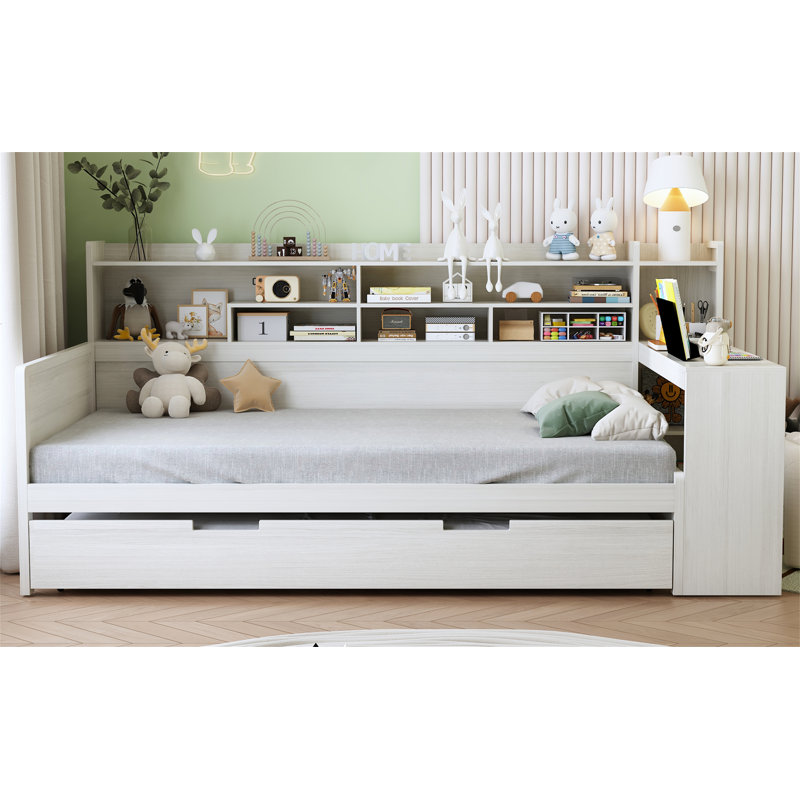 Wooden Twin Size Daybed With Storage Shelves, Multi-Functional Bed With Twin Size Trundle Bed And  Study Desk, Simple
