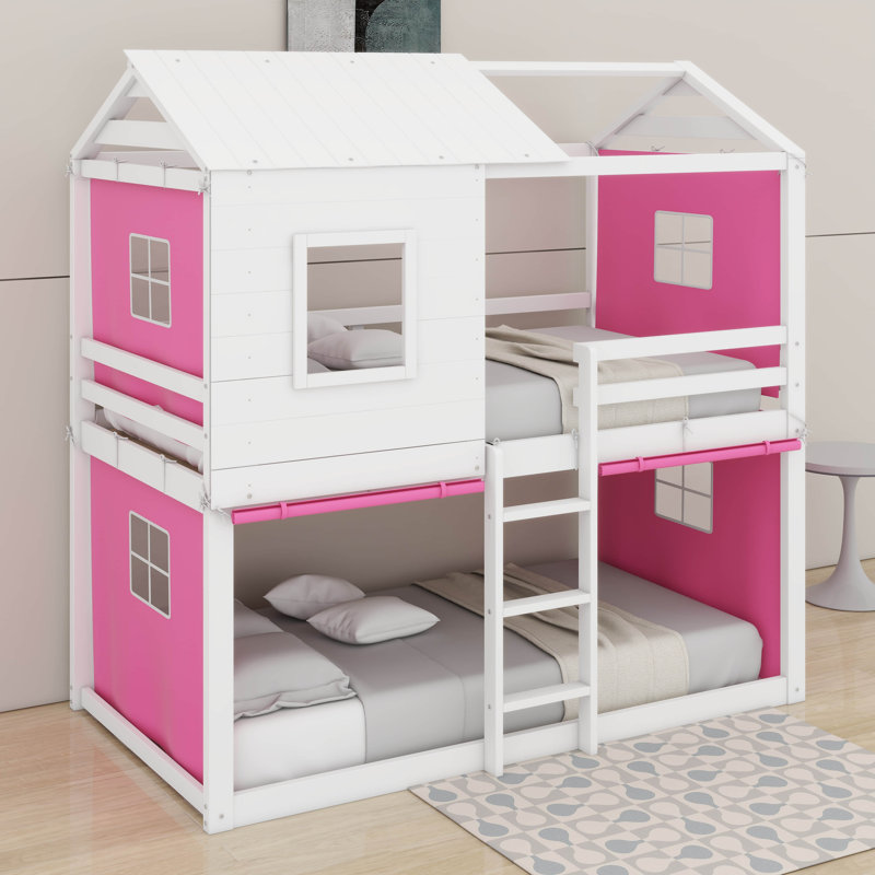 Lit double superposé en bois avec tente, Double, Rose / blanc