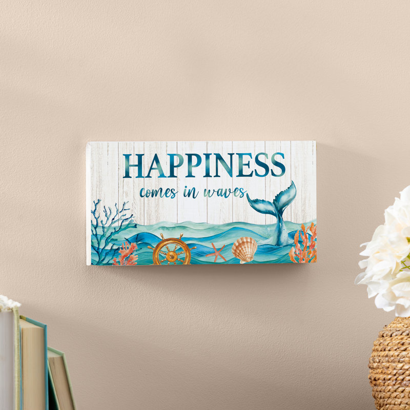 Blue Coastal Garden Decor, Hanging Sign, Happiness, 11" L x 6" H