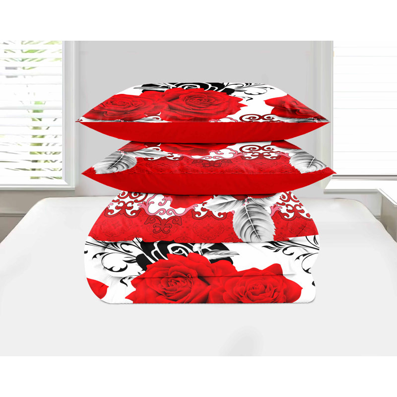 9 Pieces Bedspread Bedding Set with Matching Curtains,King Size,Red Rose Print,Coverlet Quilted Bed Throw,Bedcover,Red and White,Machine Washable,Gift for Wedding and Fastival