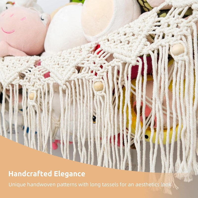 Grand hamac pour peluches, filet de rangement d'angle en macramé de coton, organisateur en peluche tissé à la main avec pompons et perles pour chambre d'enfant, chambre à coucher et salle de jeux de style bohème
