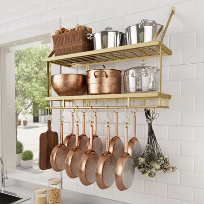 Wall Mounted Pot Rack Kitchen 30 Inch 2-Tier Wall Shelf with 12 Hooks