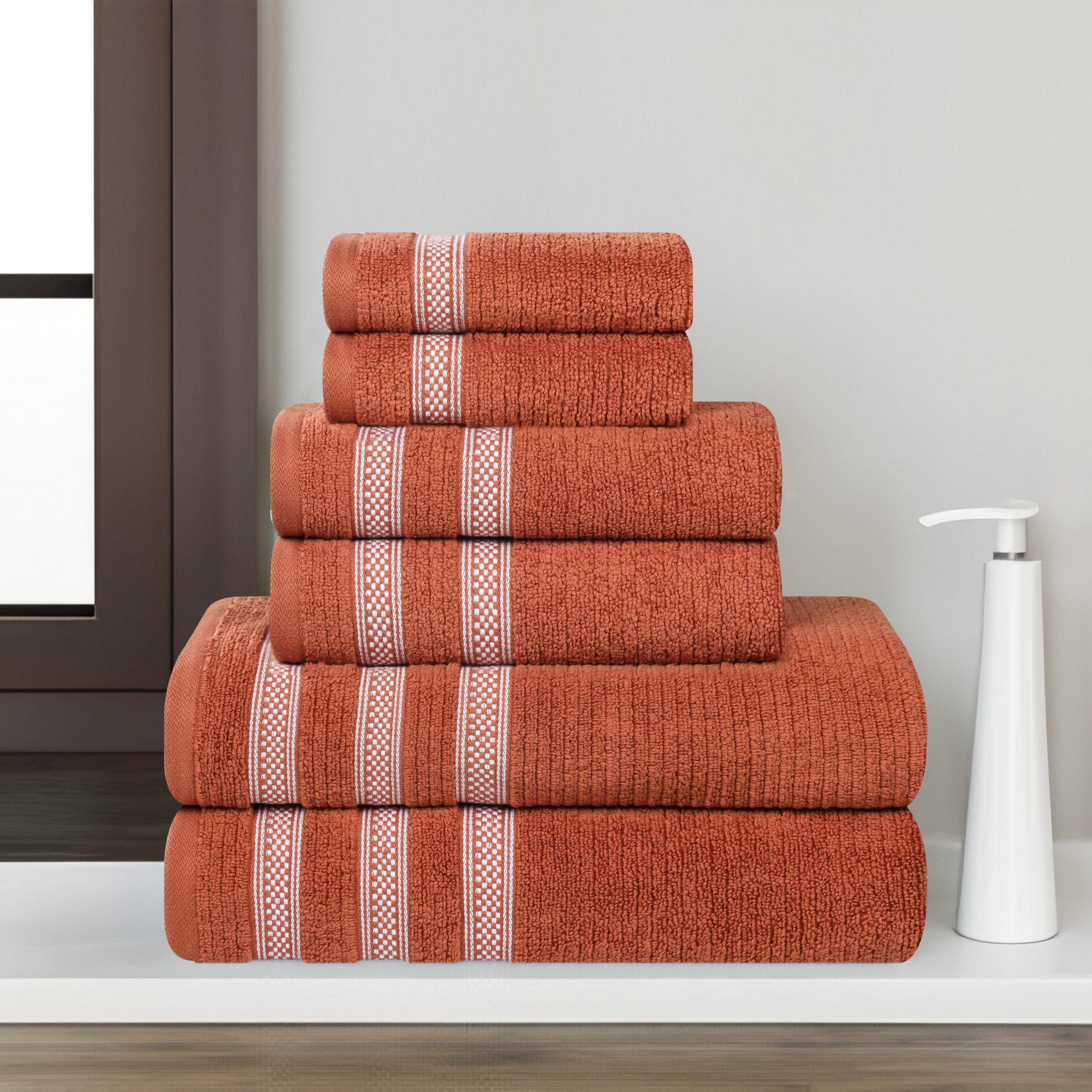 Ilseruth Zero Twist Cotton Ribbed Modern Geometric Border Soft 6 Piece Bathroom Towel Set, Rust