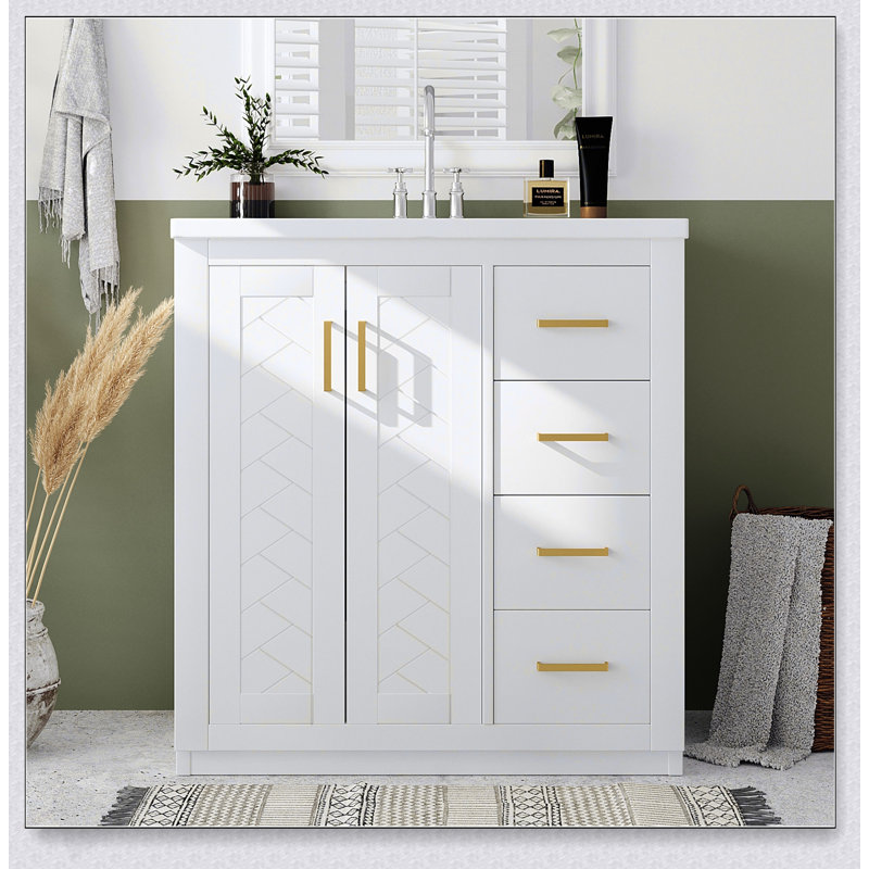 Meuble-lavabo autoportant de 30 po avec lavabo en céramique, structure en bois massif, 3 tiroirs et portes à fermeture douce pour les salles de bain modernes et rétro