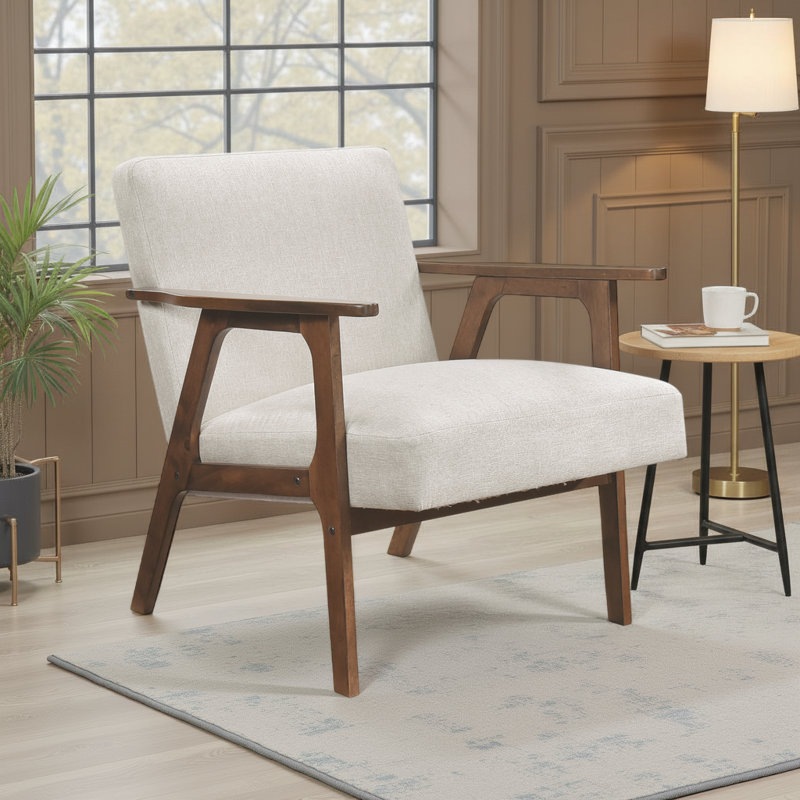Garennier 27" Mid-Century Modern Accent Chair with Textured Fabric Upholstery, Solid Rubberwood Frame, Dacron Wrapped Foam Seat Cushion