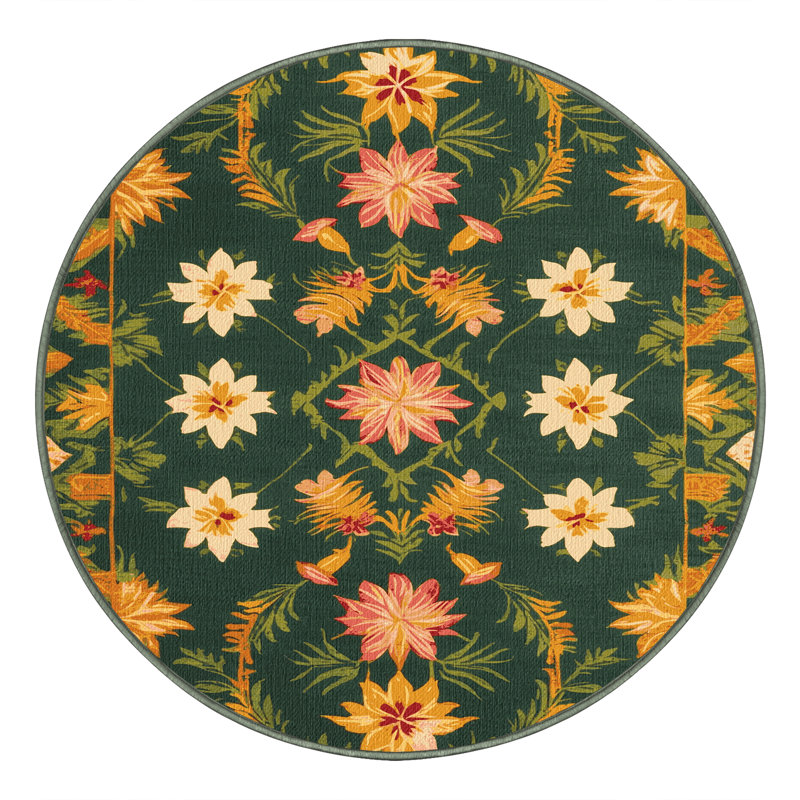 Washable Hawaiian Quilt Motifs Hawaiian Area Rug, Round 4'