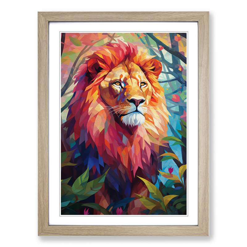Lion Orphism No.2 - Single Picture Frame Print on Wood, Oak Framed, 46cm H x 34cm W x 2cm D