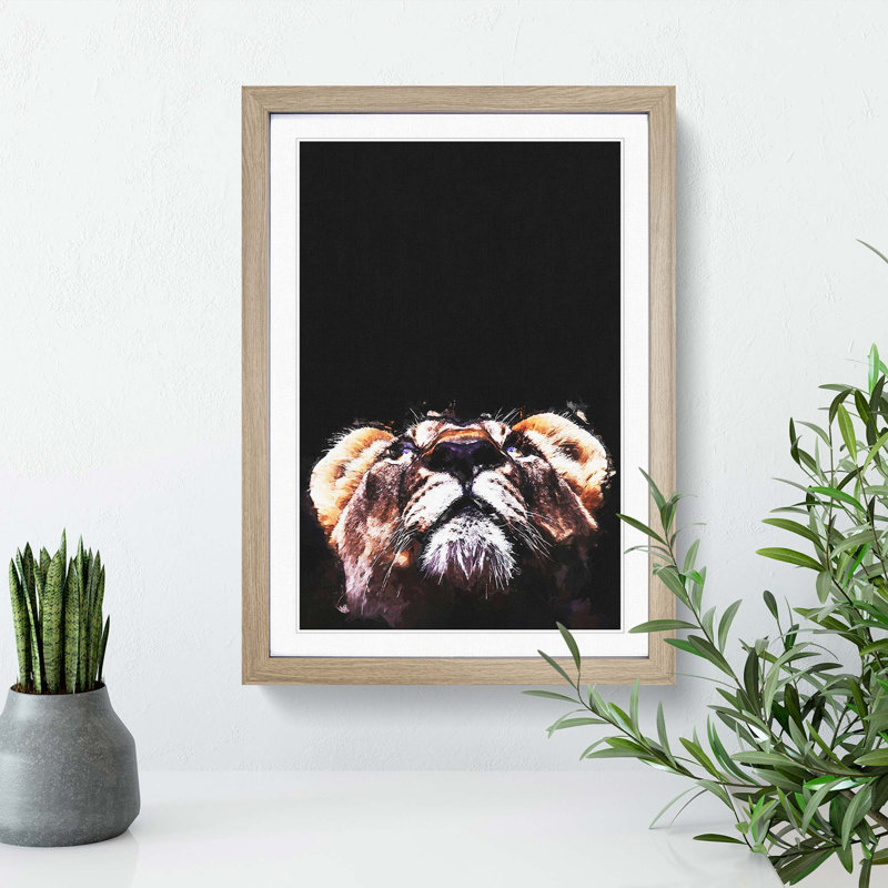 Lion Looking Upwards in Abstract - Picture Frame Graphic Art Print, Oak, 91cm H x 60cm W x 2cm D