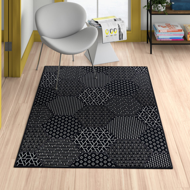 Griess Geometric Flatweave Black Indoor Outdoor Area Rug, Rectangle 9'2" x 12'5"