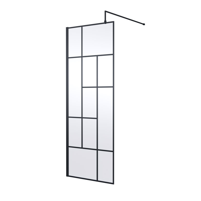 nuie 760mm Matt Black Abstract Wetroom Screen With Support Bar