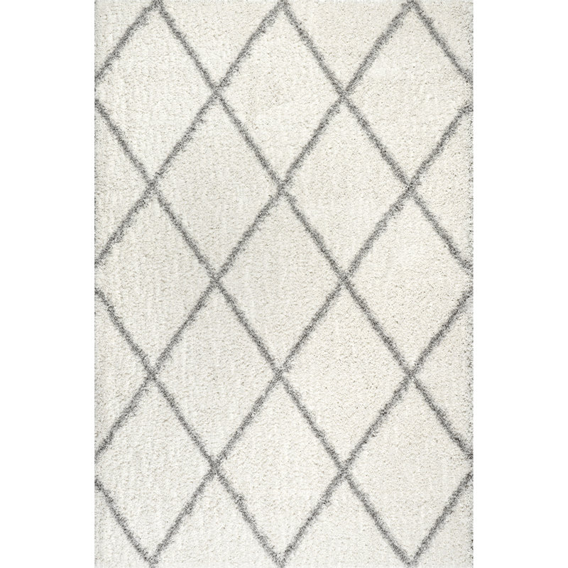 Tapis blanc à poil long à motif marocain performance Darryll, Rectangle 9 pi 2 po x 12 pi