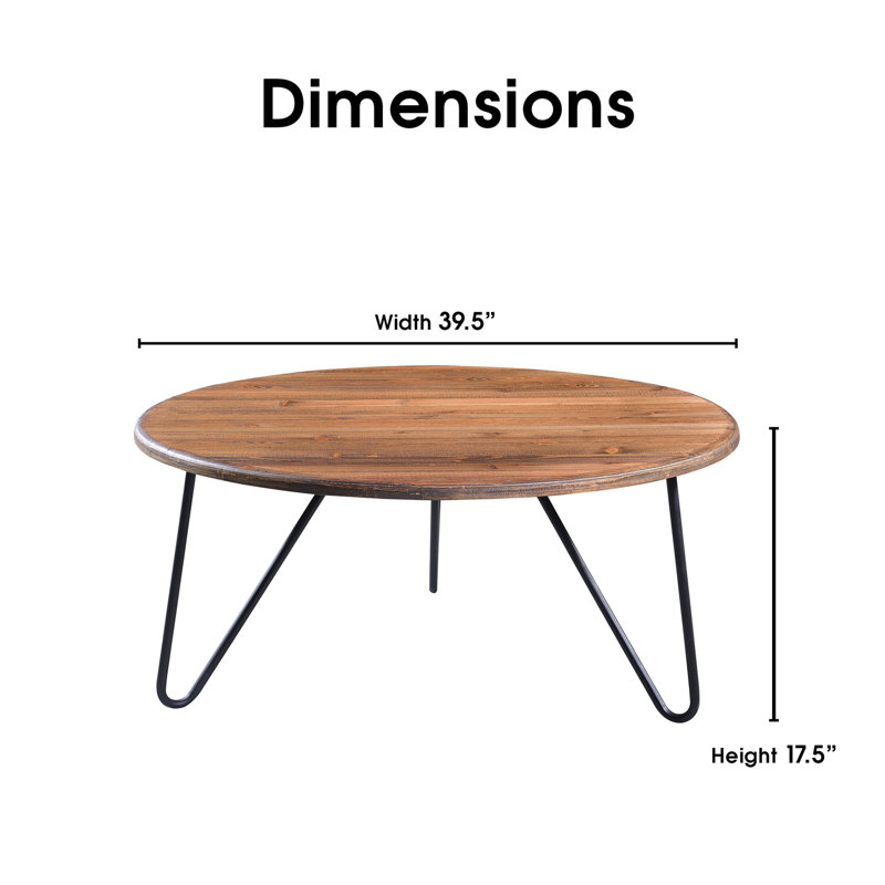 Bryant Round Aged Pine Coffee Table with Black Metal Hairpin Legs