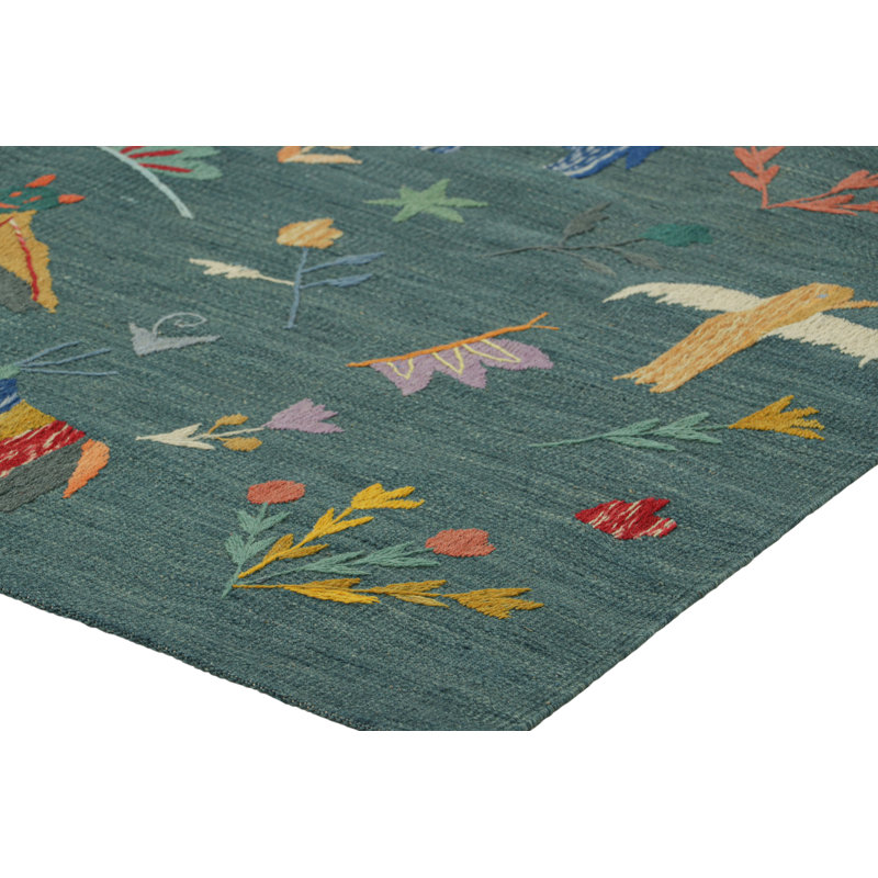Rug & Kilim’S Suzani Style Kilim In Teal With Animal Pictorials And Florals