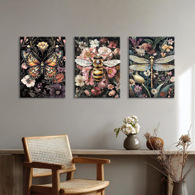 3 pièces rétro, libellule noire, papillon, abeille, art mural, gothique, insecte foncé, feuille, plante, peintures murales, nature foncée, BCBG, affiches, impressions, photos, décoration murale pour le salon, salle de bain, 12 x 16 x 3 pièces
