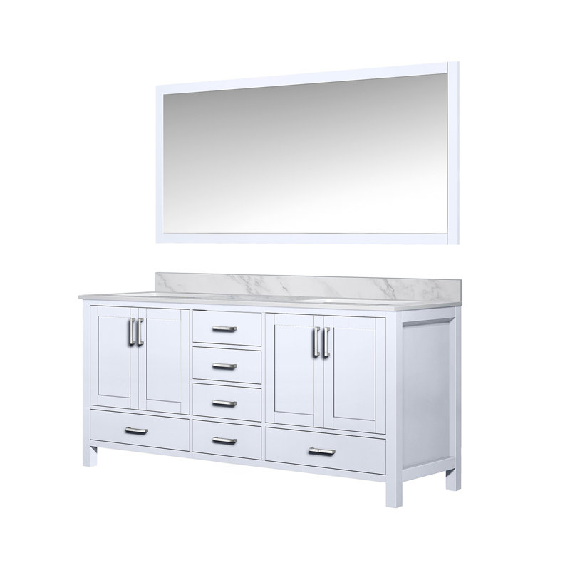 Élégant meuble-lavabo double avec plateau en marbre de Carrare et miroir
