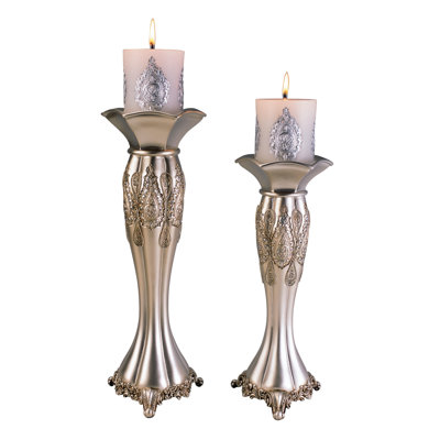 Silver Royal Design Polyresin Candleholder Set of 2 - 12" and 14" Tall Decorative Pillar Holders with British Indian Paisley Accents
