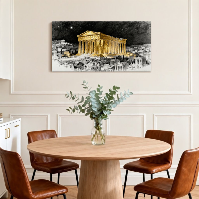 Scène et paysages urbains, Parthénon doré nuit, art urbain Z251225161612195131, H 24 po x l 48 po