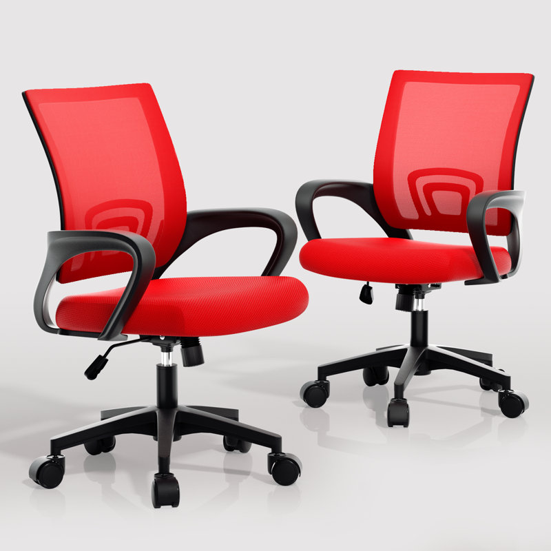 Chaise de bureau ergonomique à dossier moyen en filet avec accoudoirs et support lombaire Pierfranca, Rouge