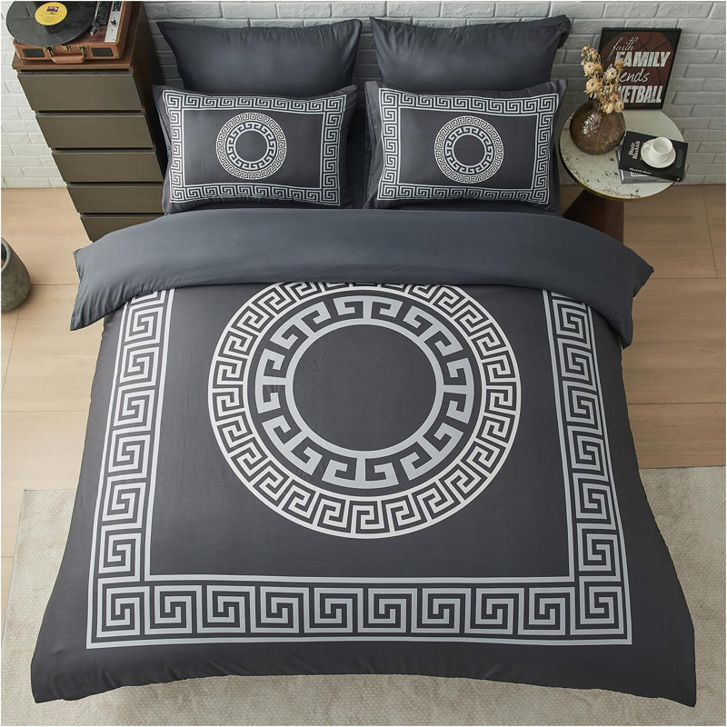 Polyester Geometric Duvet Cover Set with Pillowcases, Charcoal, Double Duvet Cover Set + 2 Standard Pillowcases