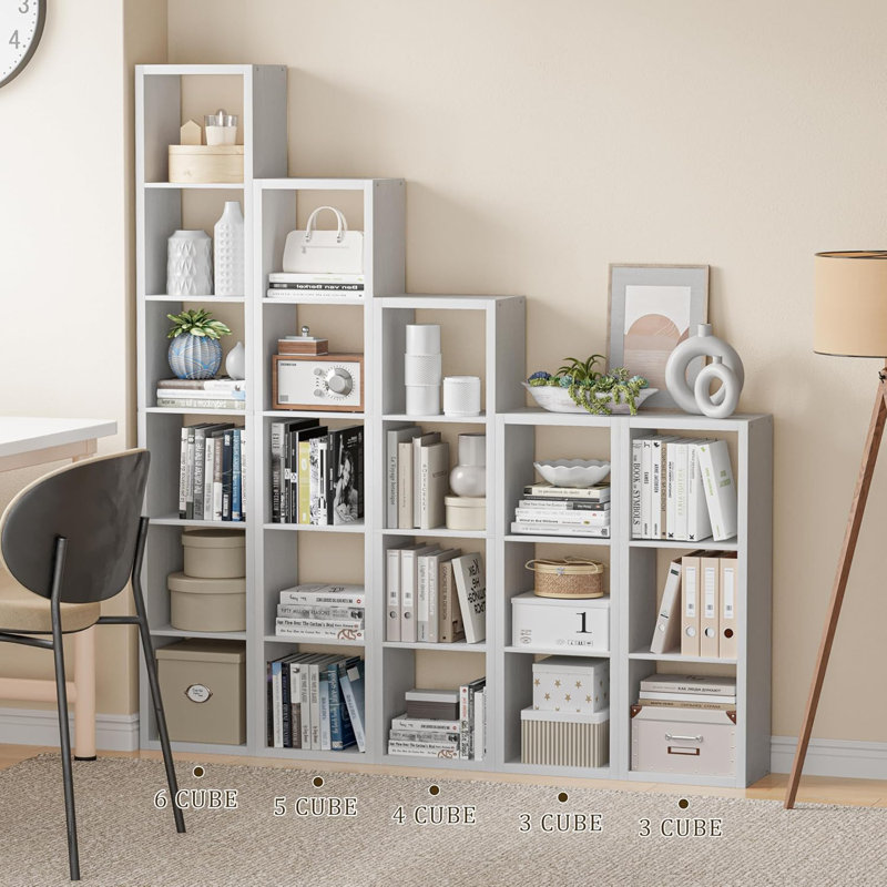 Bibliothèque de rangement à 5 cubes à une rangée, présentoir décoratif à dos ouvert avec cadre épaissi, organisateur en bois robuste avec surface lisse facile à nettoyer pour le salon, la chambre à coucher et le bureau personnel, facile à assembler. (5 carrés, blanc)