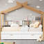 Lit simple en bois blanc et naturel - 2 tiroirs de rangement et 4 étagères à livres confortables pour chambre à coucher avec structure en bois