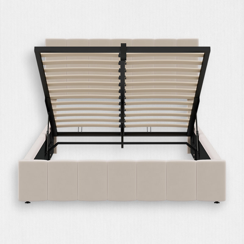 Juhi Upholstered Tufted Linen Platform Bed with Lift-up Storage and Reinforced Slat Support, Full, Beige