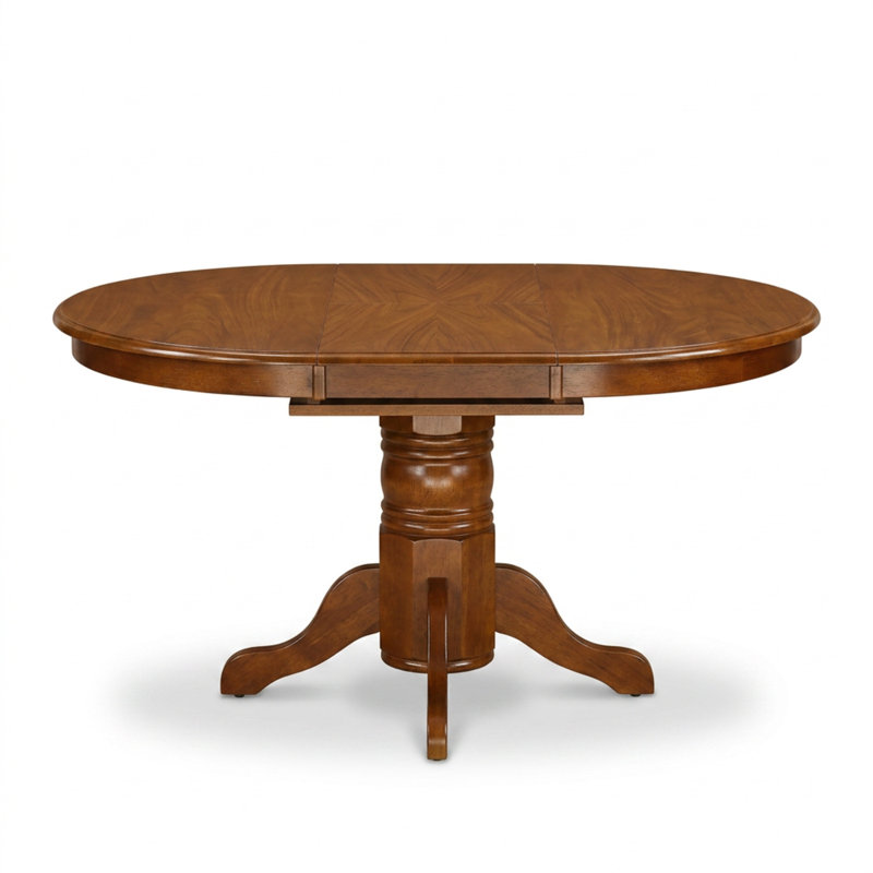 Ensemble de table et de chaises ovales en caoutchouc brun selle avec rallonge papillon et rangement intégré, 4 chaises avec assise en similicuir