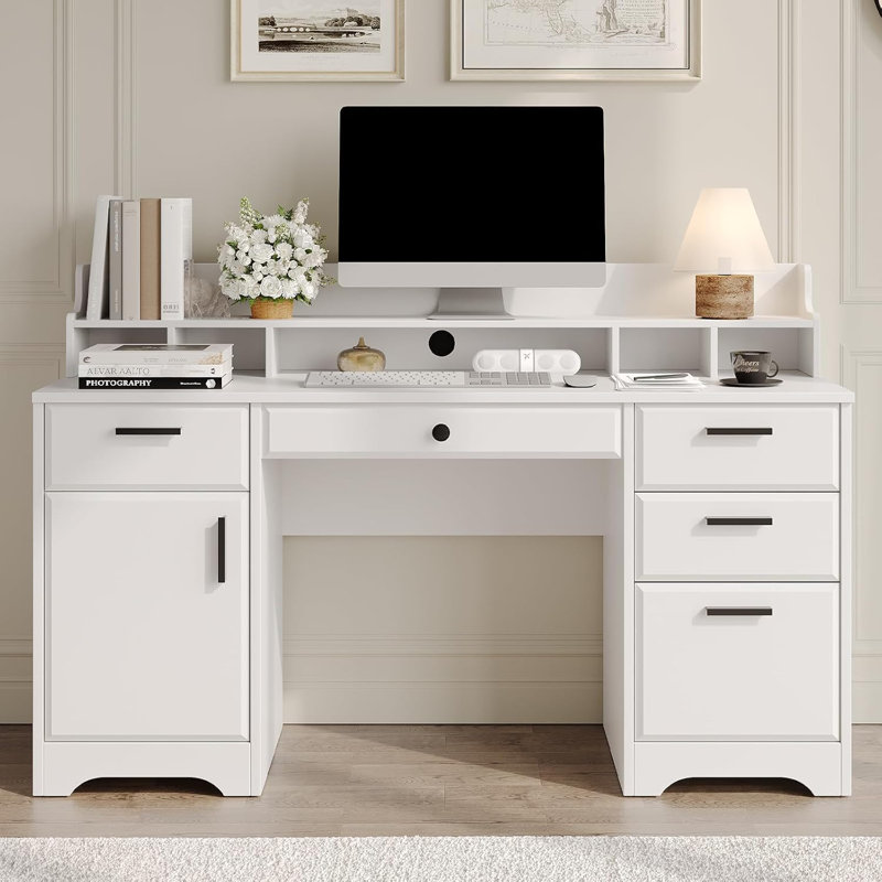Bureau de direction blanc de 58 pouces avec bureau Storag, bureau de 58 pouces blanc avec 6 tiroirs, bureau de rangement avec rangement, bureau rustique, bureau rustique 