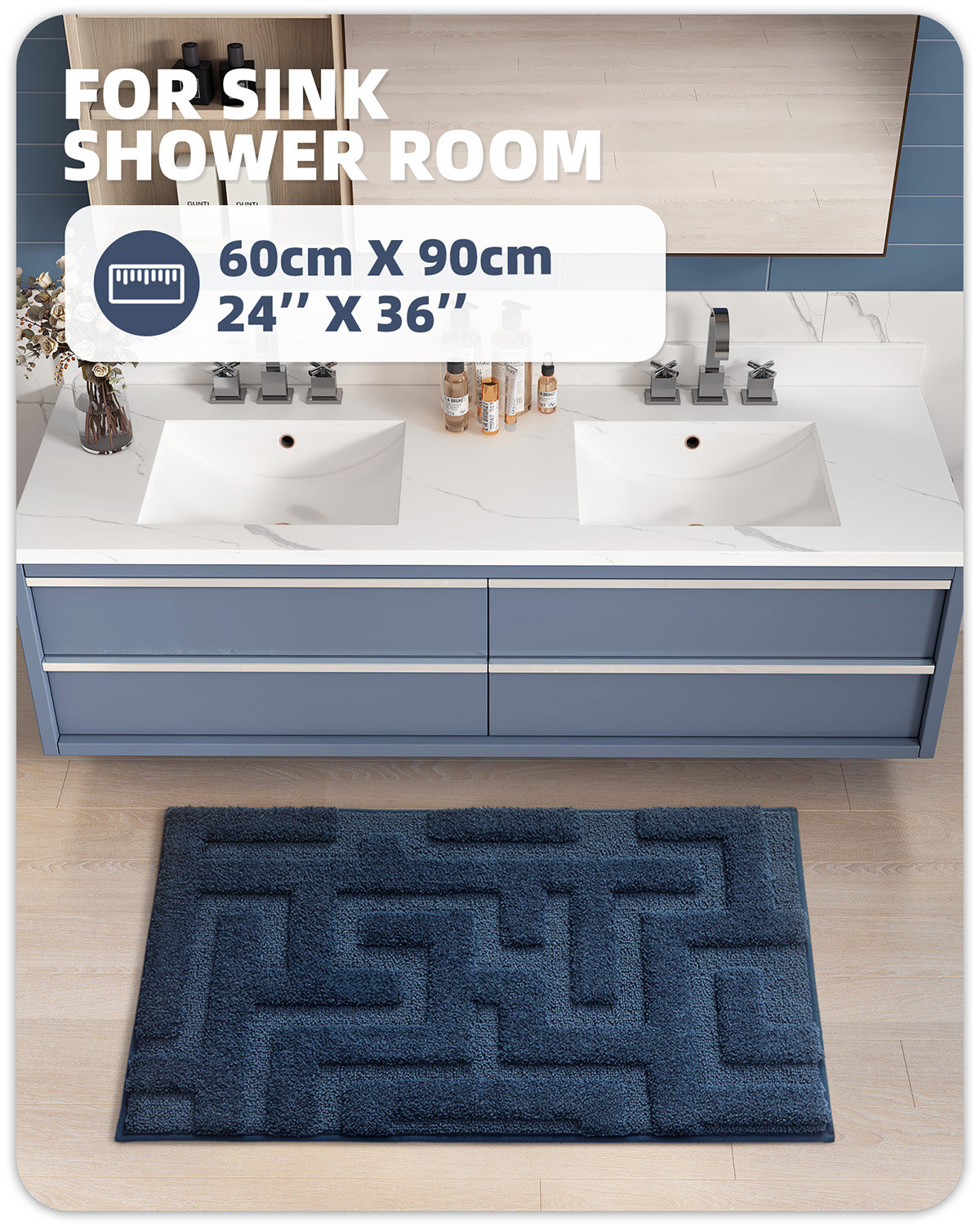Non-Slip Bath Rug, 24" L x 36" W, Blue